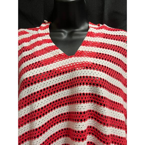 Forcynthia Beachwear Size Small Red & White Striped Open Knit Hooded Sweater - Picture 3 of 7